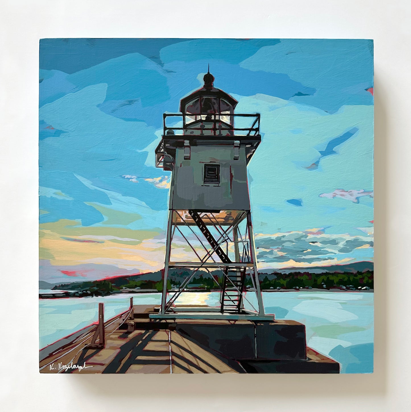 Acrylic painting of Grand Marais Lighthouse with a colorful sky full of blues and yellow as the sun sets in the background casting long shadows down the pier.