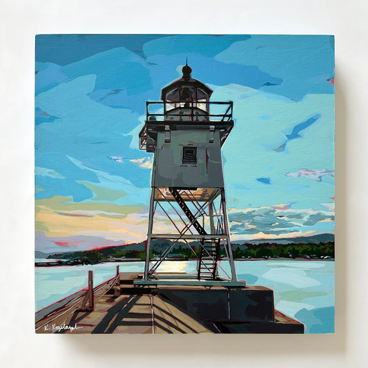Acrylic painting of Grand Marais Lighthouse with a colorful sky full of blues and yellow as the sun sets in the background casting long shadows down the pier.