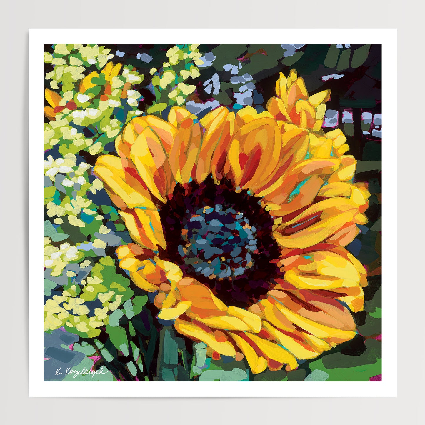 “Sunflowers” print, size 12”x12” with a 1/2” white border. Art by Kristen Kozelouzek.