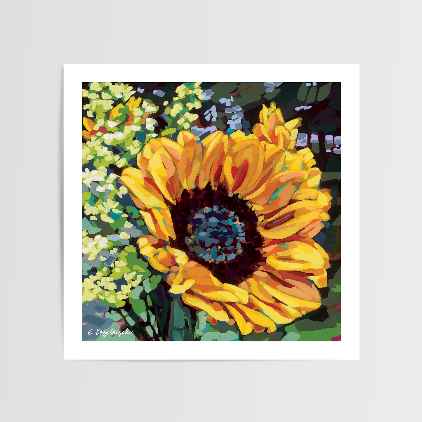 “Sunflowers” print, size 8”x8” with a 1/2” white border. Art by Kristen Kozelouzek.