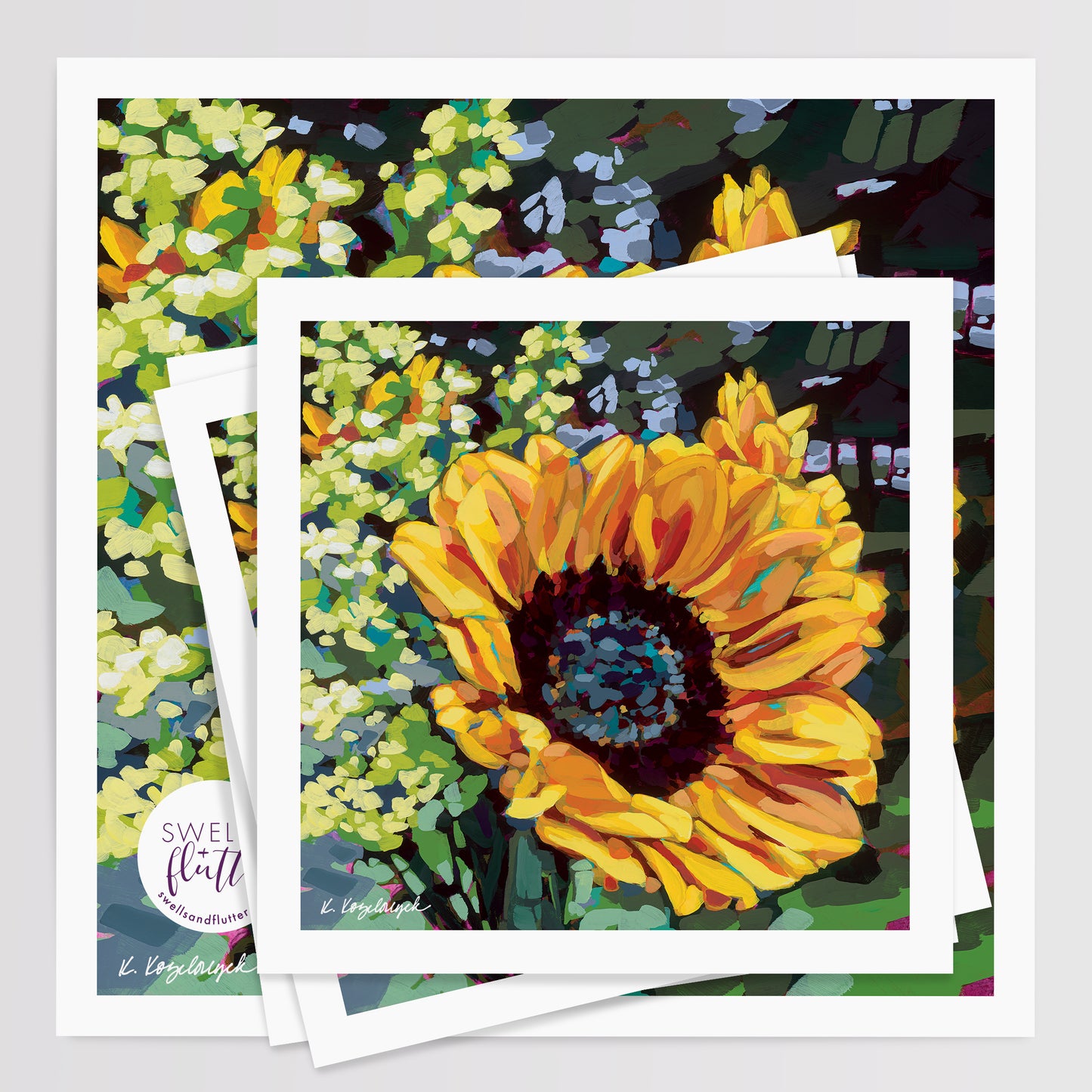 Stack of “Sunflowers” prints in two sizes 12x12 and 8x8. Art by Kristen Kozelouzek.