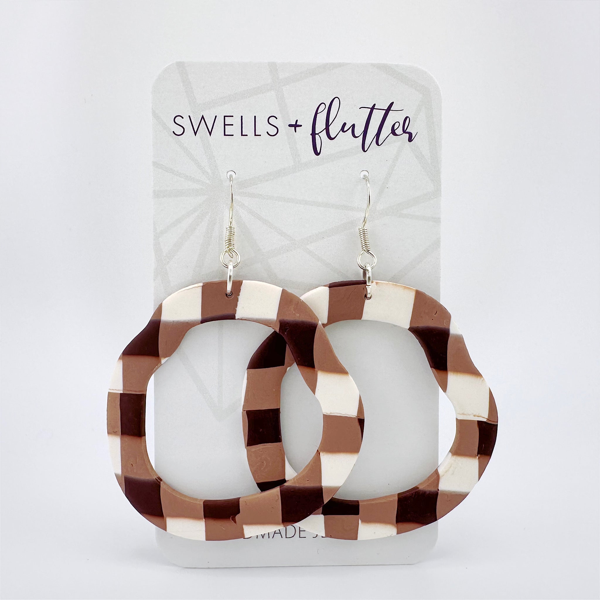 Large Hoop Drop Earrings • Buffalo Plaid Brown